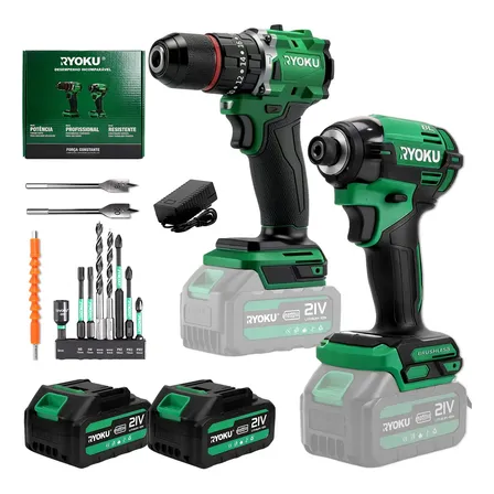 Kit 2 Furadeira E Parafusadeira De Impacto Brushless Ryoku Verde 127/220v
