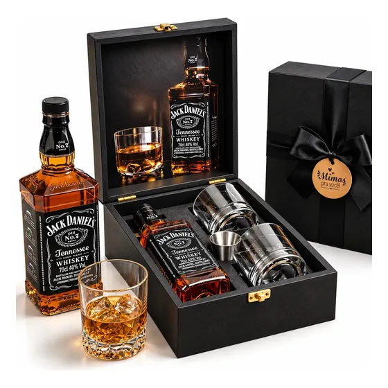 Cesta Presente Whisky Jack Daniel's com dosador e copos. Maleta Madeira Premium.