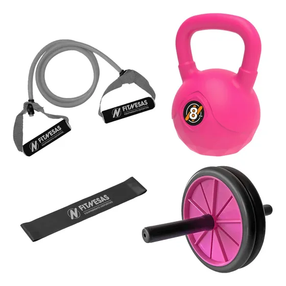 Kit Set Rueda Simple + Pesa Rusa Kettlebell 8 Kg + Bandas