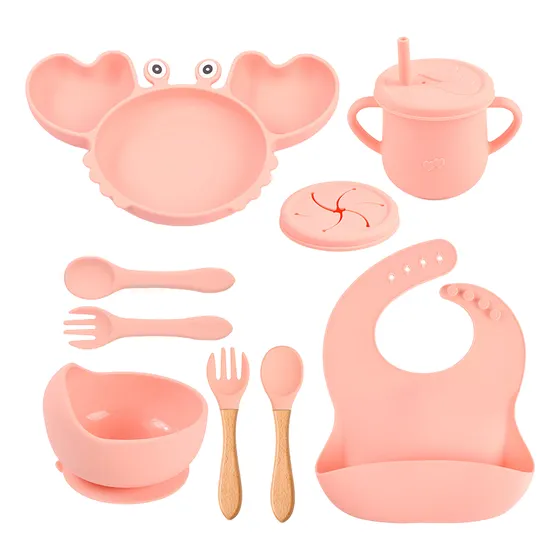 Set De Alimentación Para Bebe 9 Piezas, Platos De Silicona Rosa