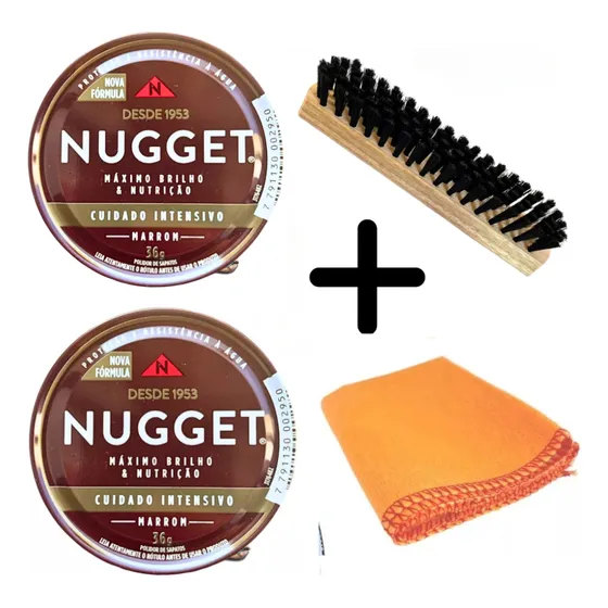 Kit 2 Graxas Nugget 36g Marrom 1 Escova 1 Flanela Polidor