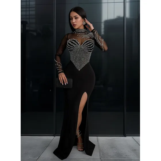 Vestido/red Hilados Hot Rhinestone Apertura Hasta El Suelo