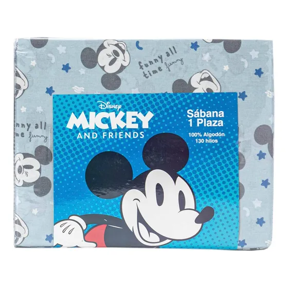 Juego De Sábanas 130 Hilos Mickey 1 Plaza 100% Algodón Color Azul Acero