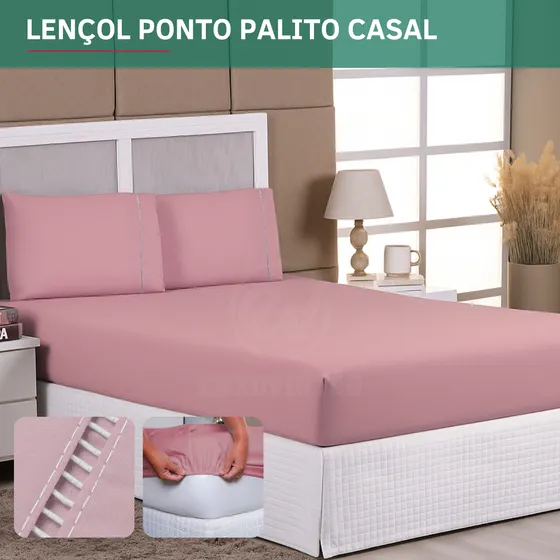 Kit Jogo De Lençol Casal C/ Elástico 400 Fios E Fronha Ponto Palito 3 Peças Toque Macio Confortável Cor Rose Premium