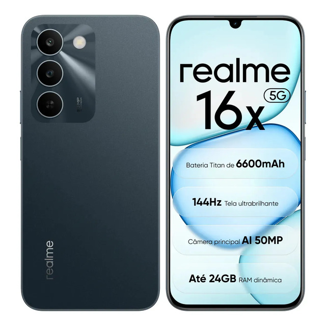 Smartphone Realme 16x 5G na cor verde, exibindo a parte traseira com conjunto de câmeras triplas e a parte frontal com tela ligada mostrando especificações técnicas.