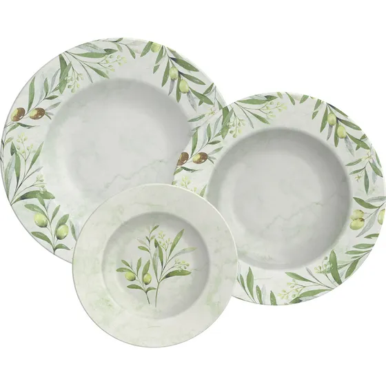 Jogo De Pratos Com 12 Pçs Em Porcelana Decorada Oliva Branco e Verde Tramontina