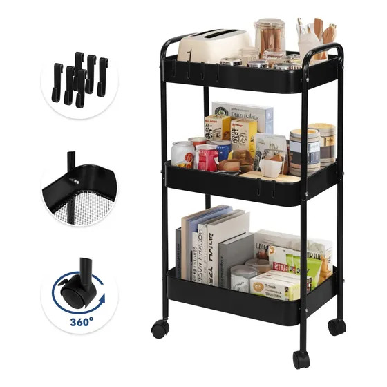 Carrito Organizador Metal 3 Niveles Ruedas Bloqueables Negro