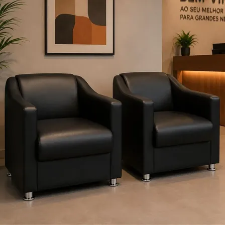 Kit 2 Poltronas Decorativas Corino Consultorio Recepção Sala Preto
