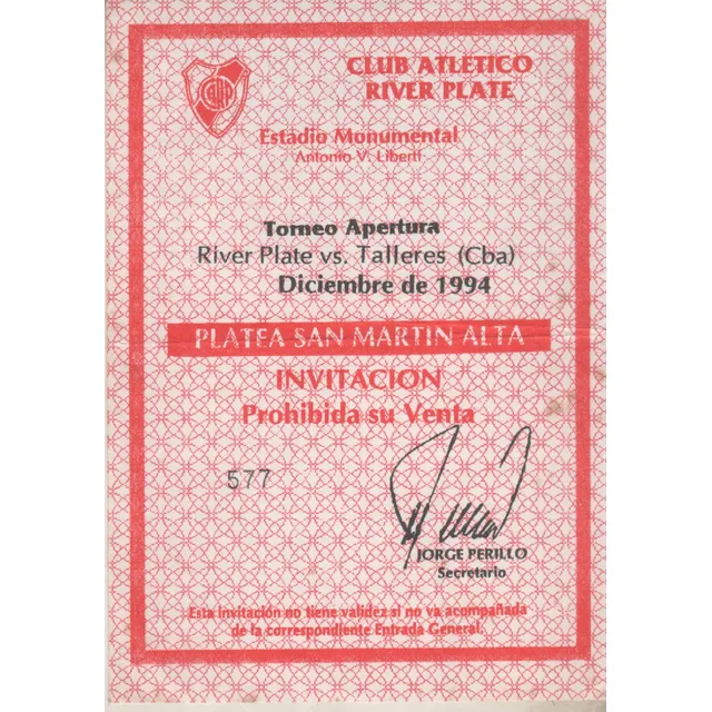 Antigua Entrada * Apertura  1994 * River Plate Vs Talleres