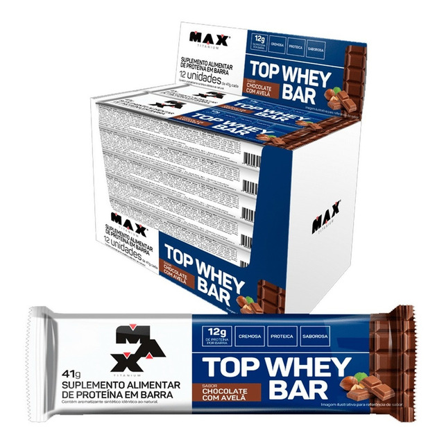Top Whey Bar - Caixa C/12 Unidades - Max Titanium Sabor Chocolate Com Avelã Top Whey Bar - Caixa C/12 Unidades - Max Titanium Sabor Chocolate Com Avelã