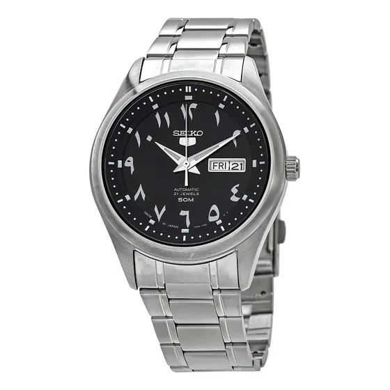 Relógio Masculino Seiko 5 Sports Arabic Dial Correia Prateado Bisel Prateado Fundo Preto