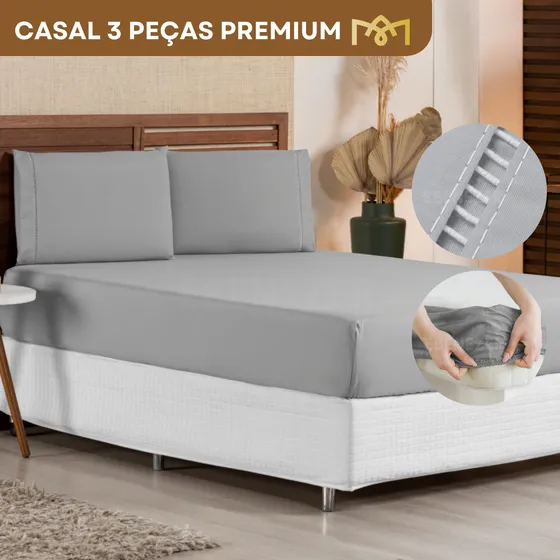 Lençol De Cama 3 Peças Casal 400 Fios Percal Ponto Palito C/ Elástico E Fronhas Toque Suave Macio Cinza