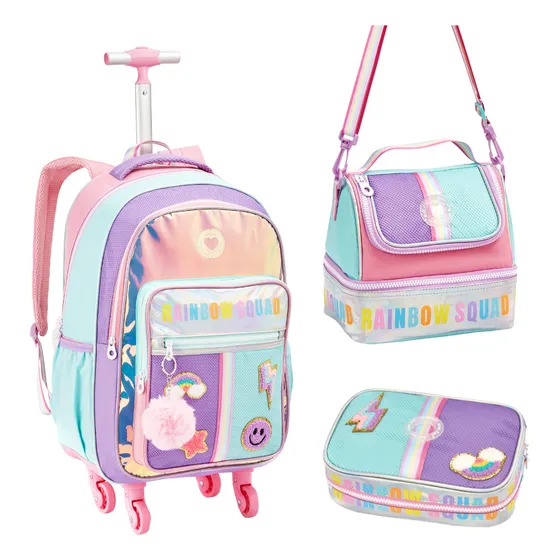 Mochila Menina 4 Rodinhas Escolar Carrinho Rainbow 360