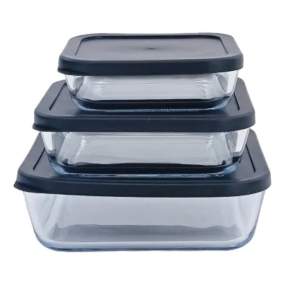 Set 3 Fuentes Vidrio Tipo Pirex Horno Micro Cuadradas Tapa Color Negro