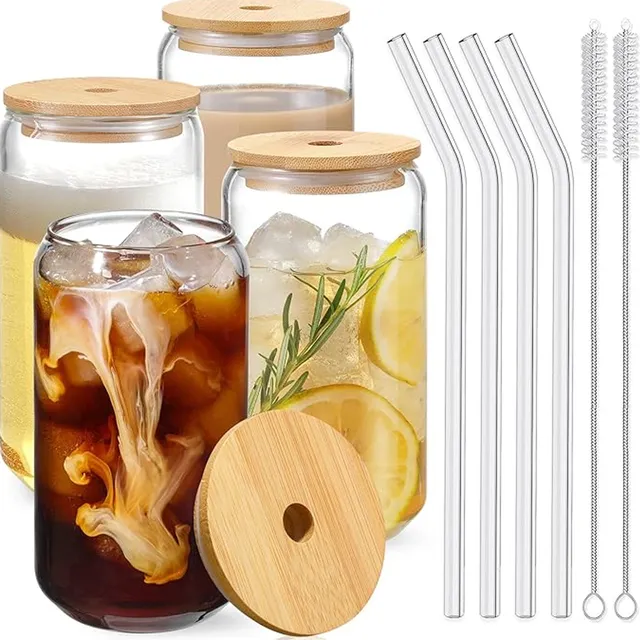 Juego De 4 Vasos De Vidrio Con Tapa De Bambú Y Pitillo 