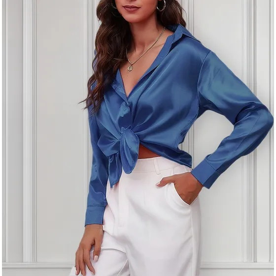 Blusa Elegante Manga Larga En Satín Con Cuello Tipo Camisa