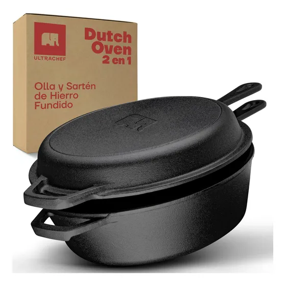 Olla De Hierro Fundido 2 En 1 Ultrachef Olla Y Sartén Horno Holandés Redonda Tamaño 26 Cm Capacidad 2.8 Litros Negro