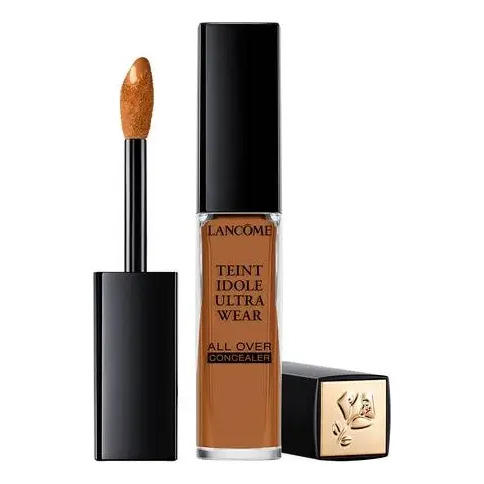 Embalagem do corretivo facial Lancôme Teint Idôle Ultra Wear na cor 500 Suede, exibindo o frasco, a tampa com o logotipo da marca e o aplicador com produto.