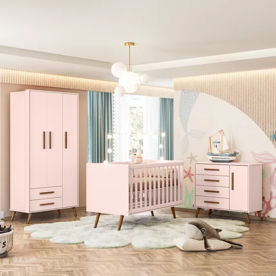 Conjunto Quarto Bebê Retrô Berço Com Colchão, Cômoda Guarda Roupa Cor Rosa