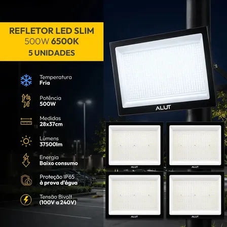 Kit 5 Refletor Led 500w 6500k Branco Frio Ip65 A Prova D'água Preto Cod: Alut010042-5 Alut By Avant