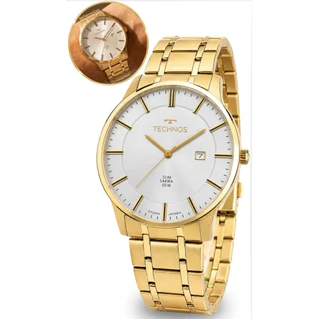 Relógio Technos Masculino Quartz Pulso Vidro Safira Original Dourado Branco