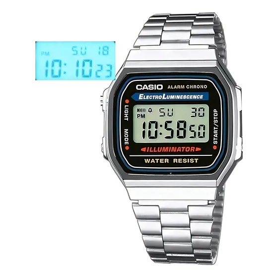Reloj pulsera digital Casio A168WA-1 con correa de acero inoxidable color plateado - fondo gris/negro/azul