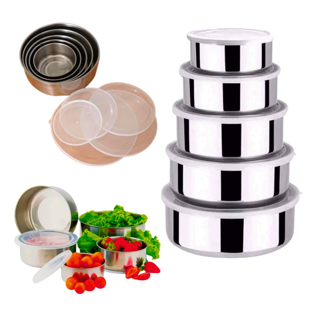 Conjunto Tigelas Bowl Aço Inox Saladeira Bacia C/ Tampa 5 Un Conjunto Tigelas Bowl Aço Inox Saladeira Bacia C/ Tampa 5 Un