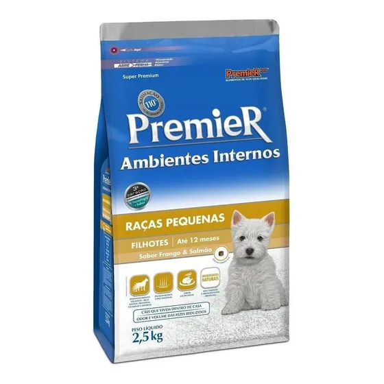 Ração Premier Cães Filhotes Raças Pequenas Ambientes Internos Sabor Frango e Salmão 2,5kg
