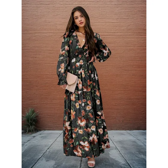 Maxi Vestido Largo Estampado Manga Larga Olanes Flores Dama