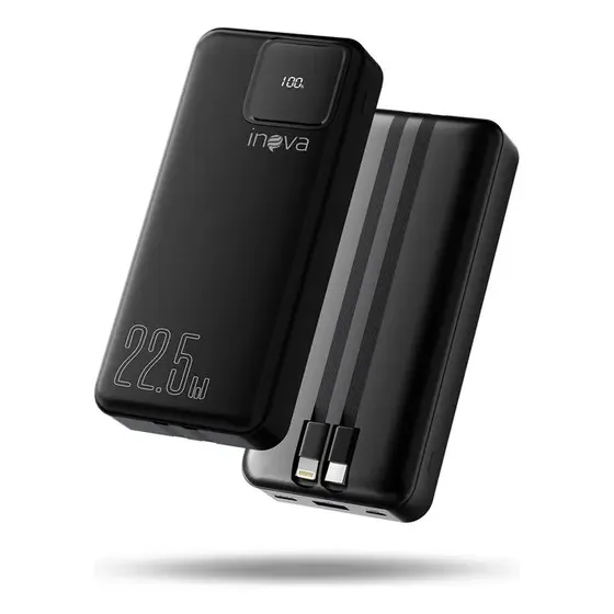 Power Bank Inova 20.000mAh Portátil Rápido c/ Cabos Integrados USB-C/iOS