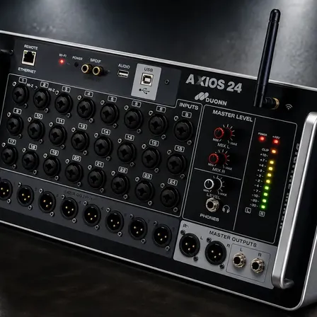 Mesa de Som Digital Duonn Axios 24 Canais DSP USB Interface de Áudio Wi Fi Bluetooth Rack Profissional para Igrejas Shows Eventos Estúdios Gravação Podcast Phantom Power 48V
