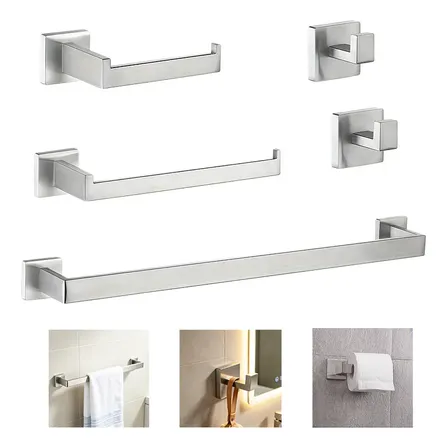 Kit 5 Pcs Inox Banheiro Acessório Luxo Prata Fosco Quadrado Prateado