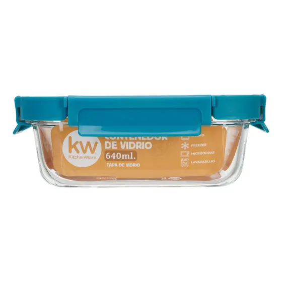 Contenedor De Alimentos Tapa Click Vidrio Rectangular 640ml Turquesa