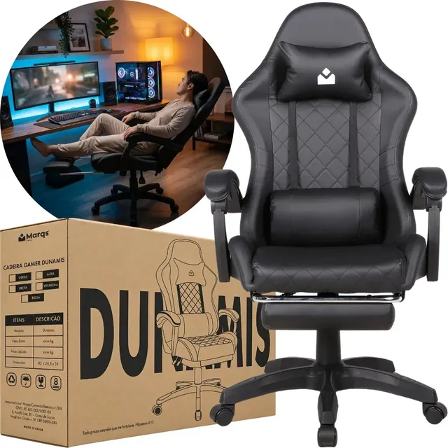 Cadeira De Escritorio Gamer Ergonômica Dunamis Preta Marqs Home Reclinável 180kg Resistente Giratória Confortavel Computador Preto Courino Sintético