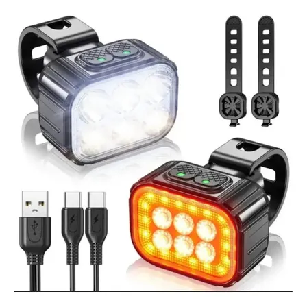 Kit Farol E Lanterna Bike Techstore Usb Recarregável 6 Leds Ipx6 Preto