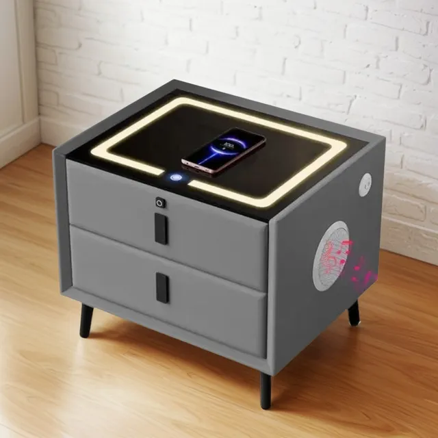 Mesita De Noche Smart 2 Cajones. Color Gris Brillante