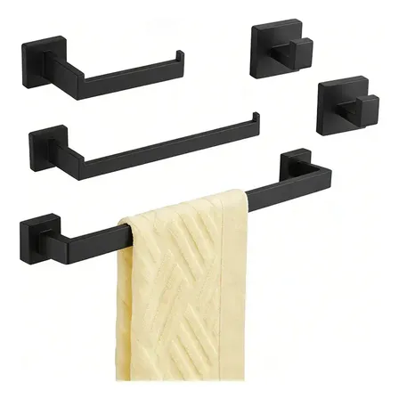 Kit 5 Peças Acessórios Banheiro Aço Inoxidável Toalheiro Quadrado Luxo Hidralia Preto Fosco Organizador Porta Porta-toalhas, Suporte Para Rolo Toalha