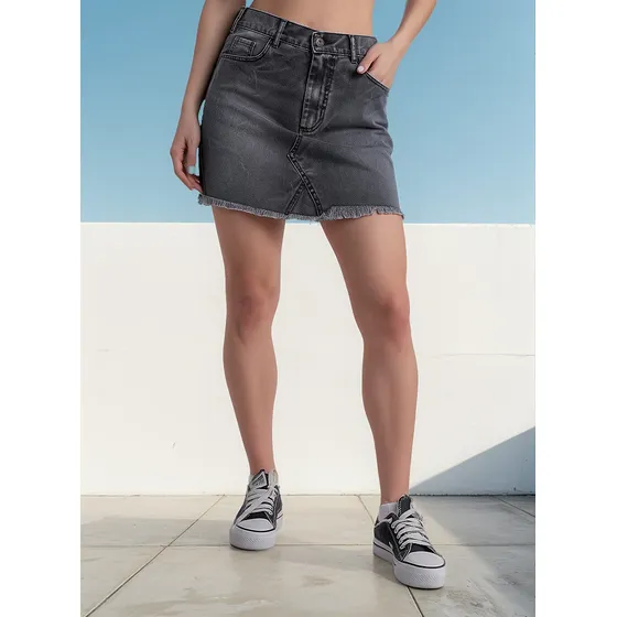 Pollera Onyx Mini Jeans Negro Rigida Deflecada Mujer