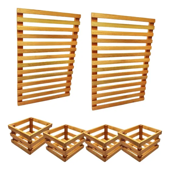 Jardim Vertical Madeira 60x40 2 Unid 4 Cachepot Treliça Kit Planta Marrom-claro