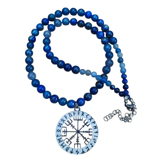 Collar Hombre Piedra Lapislázuli Runa Vegvisir Protección Aq Azul