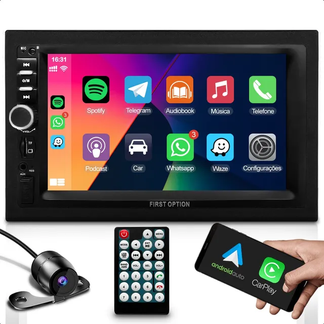 Som Midia Carplay Android Auto + Kit Moldura 7p 2 Din Câmera