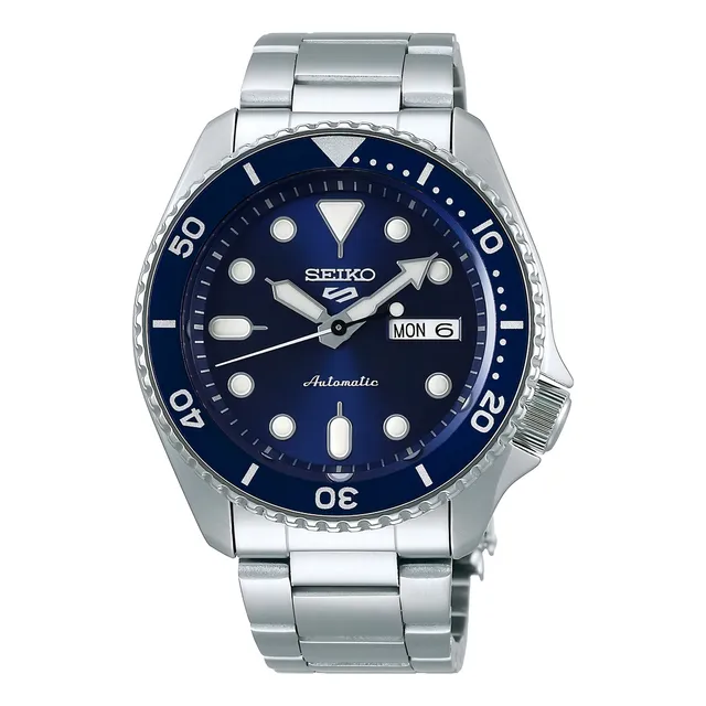 Reloj Seiko 5 Sport Automatic Srpd51k1 Agente Malla Plateado Bisel Azul Fondo Azul