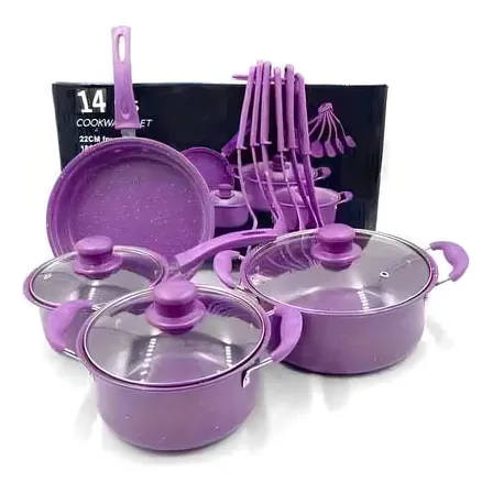 Juego De Ollas Cocina Antiadherente Set De Bateria 14 Piezas Color Morado