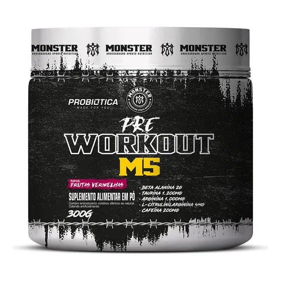 Pre Treino 300g Probiotica Frutas Vermelhas Pré Workout Monster M5