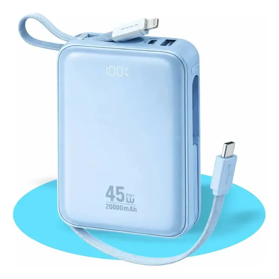 Carregador Portátil Turbo 45w Power Bank 20000mAh Rápido 2 Saídas Cabo Embutido Tipo C e iPhone Para