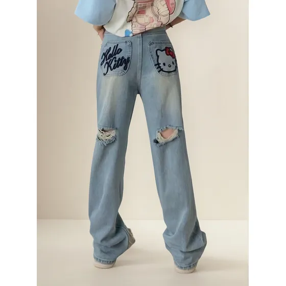 Jeans Bordados Hello Kitty De Verão Para Mulheres