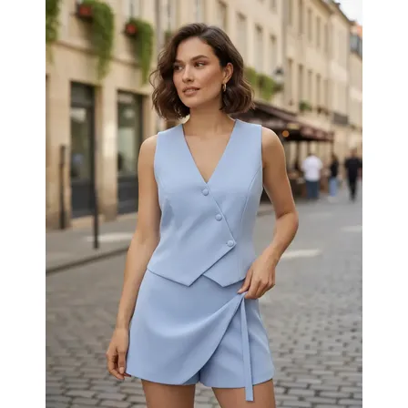 Conjunto Feminino Colete Transpassado Shorts Saia Elegante