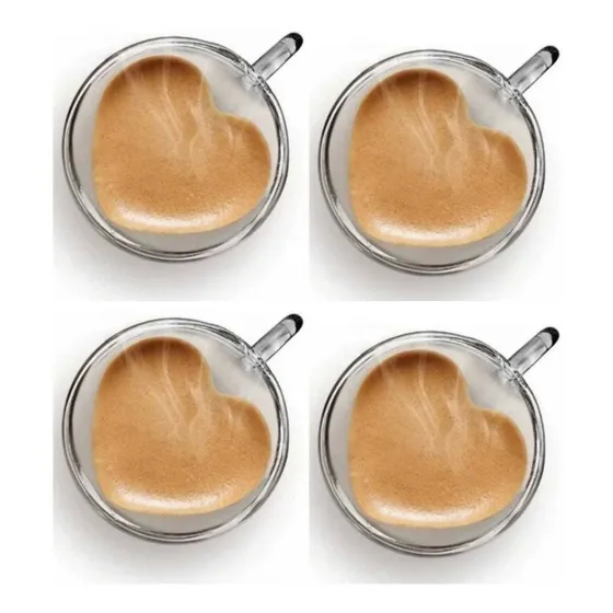 Jogo C/ 4 Xicaras Café Chá Coração Parede Dupla 80ml Copo