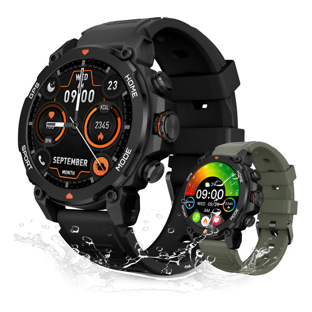Dois smartwatches Aurafit Trek1, um preto e um verde oliva, exibindo interfaces esportivas sobre um efeito de respingo de água