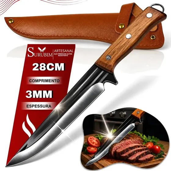 Faca Peixeira Artesanal 11pol Aço Inox Ultra Afiada Churrasco Cozinha Cabo Madeira Full Tang Bainha Premium Para Carne Picanha Costela Pesca Camping Chef Presente Gourmet Profissional Cutelaria Pro X